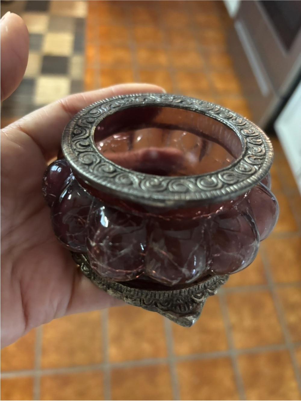 Vintage Amethyst Glass Votive Candle Holder with Ornate Metal Base